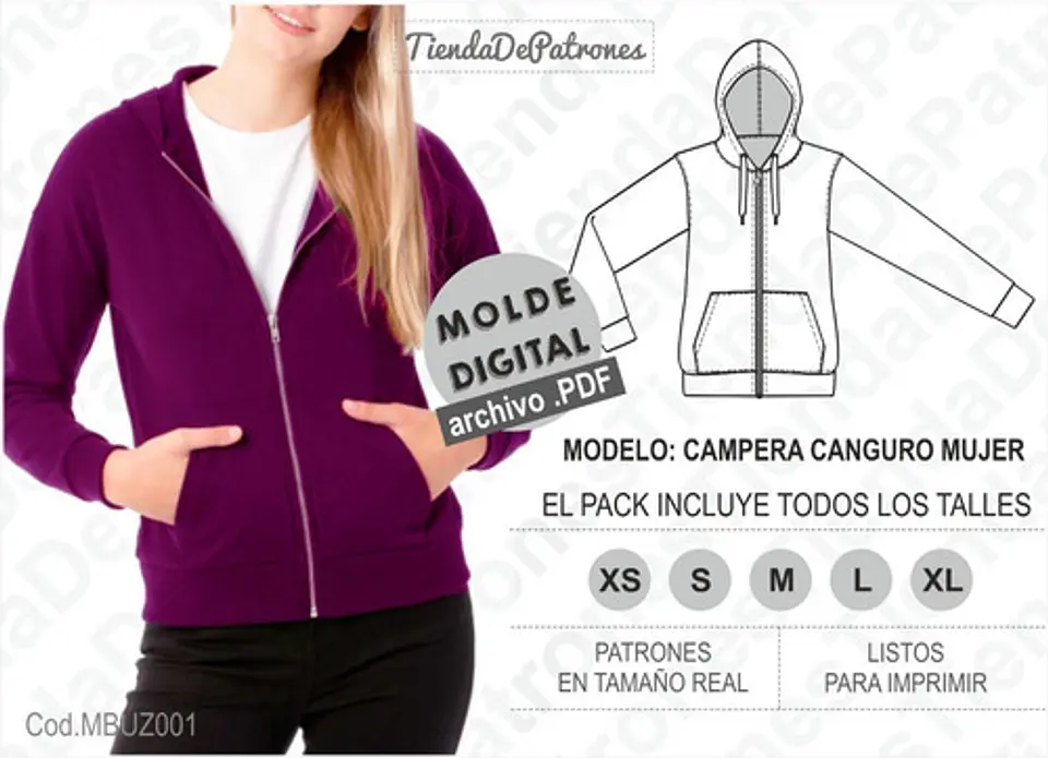 Molde Patron Imprimible Polerón Canguro Mujer Talles Xs Al Xl 2
