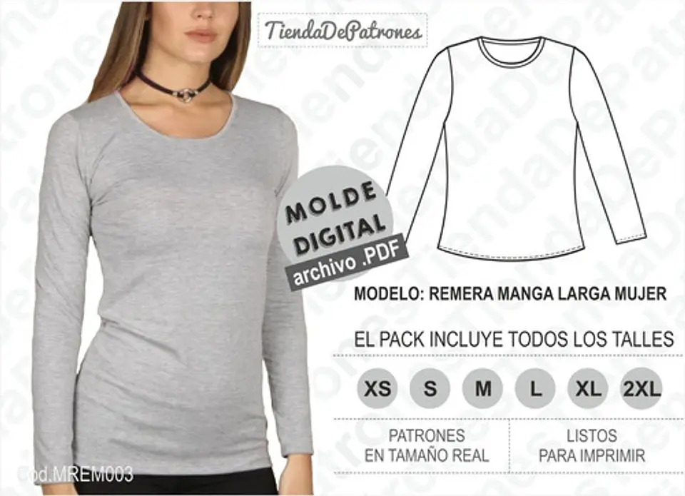 Moldes Patrones Polera Manga Larga Mujer Talle Xs Al 2xl 1
