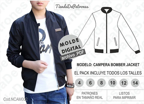 Moldes Patrones Campera Bomber Niños Talles 4/6/8/10/12/14