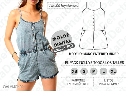 Molde Patron Imprimible Mono Enterito Mujer Talles Xs Al Xl