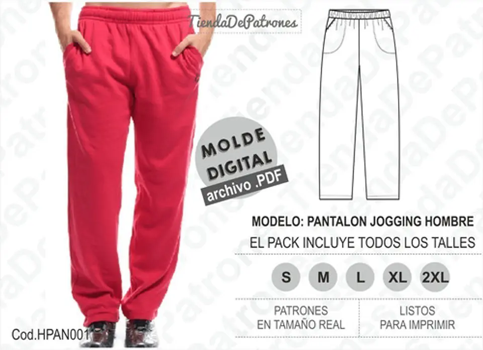 Molde Patron Imprimible Pantalon Jogging Hombre S Al 2xl 2