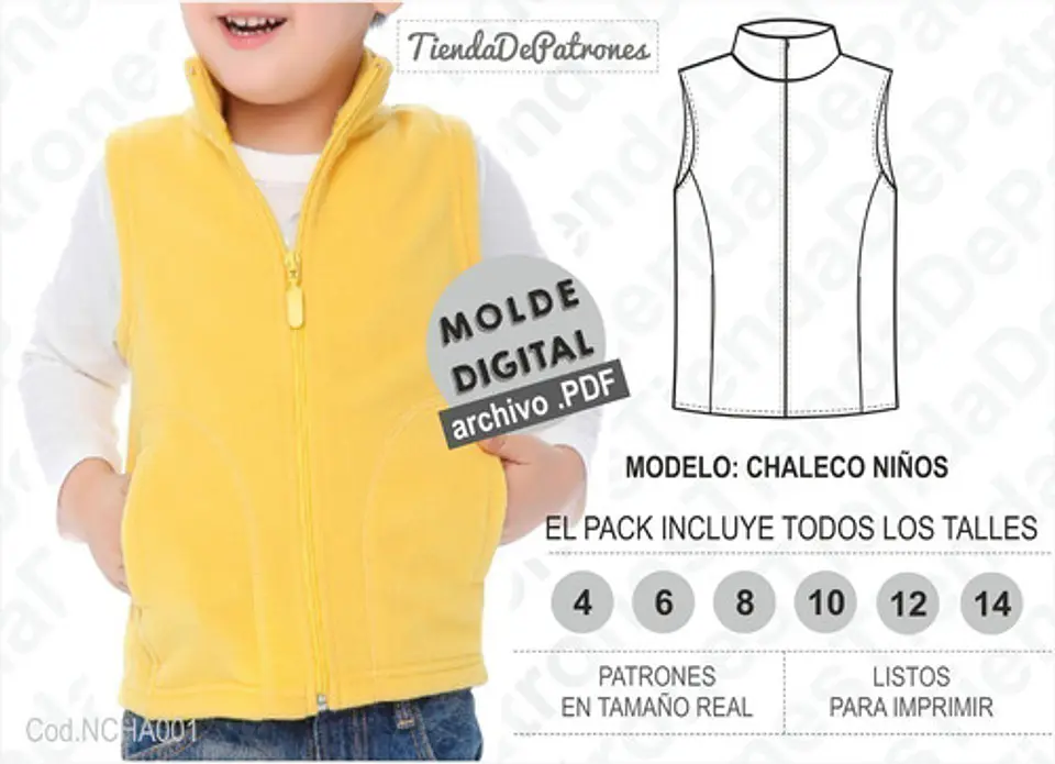 Molde Patron Imprimible Chaleco Niños Talles 4/6/8/10/12/14 2