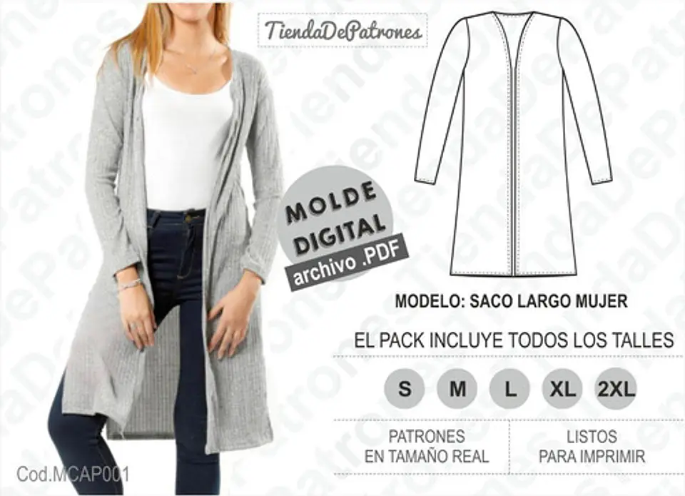 Moldes Patrones Capa Saco Largo Mujer Talles S-m-l-xl-2xl 2