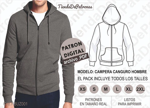 Molde Patrón Imprimible Polerón Canguro Hombre Del Xs Al 2xl
