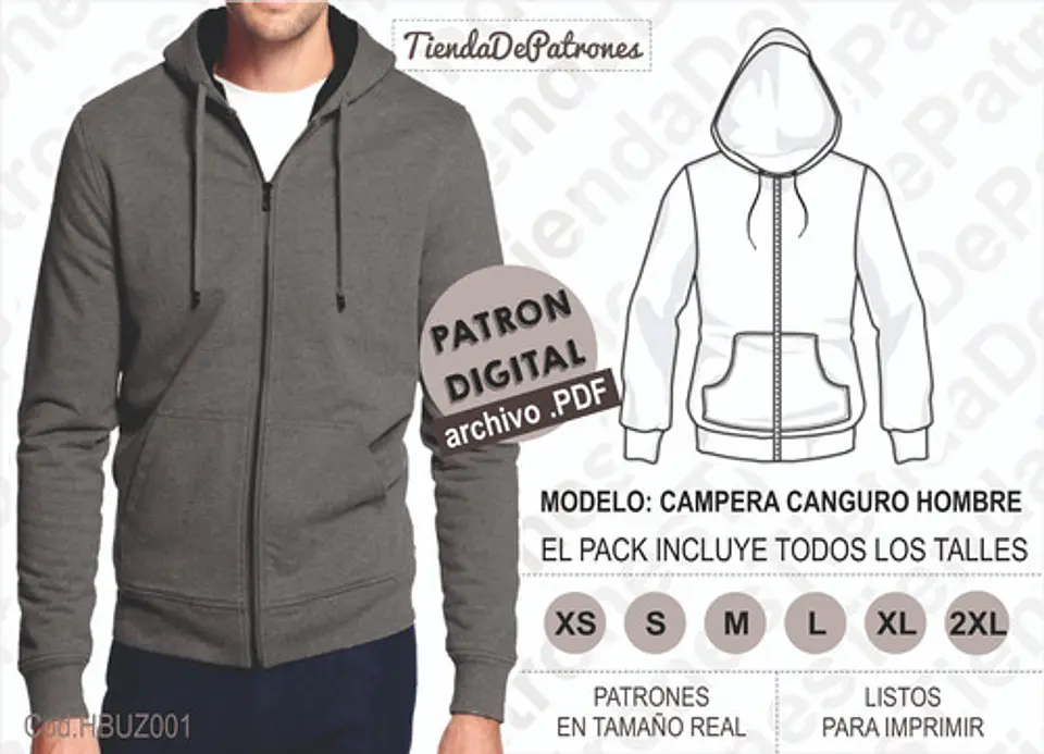 Molde Patrón Imprimible Polerón Canguro Hombre Del Xs Al 2xl 1
