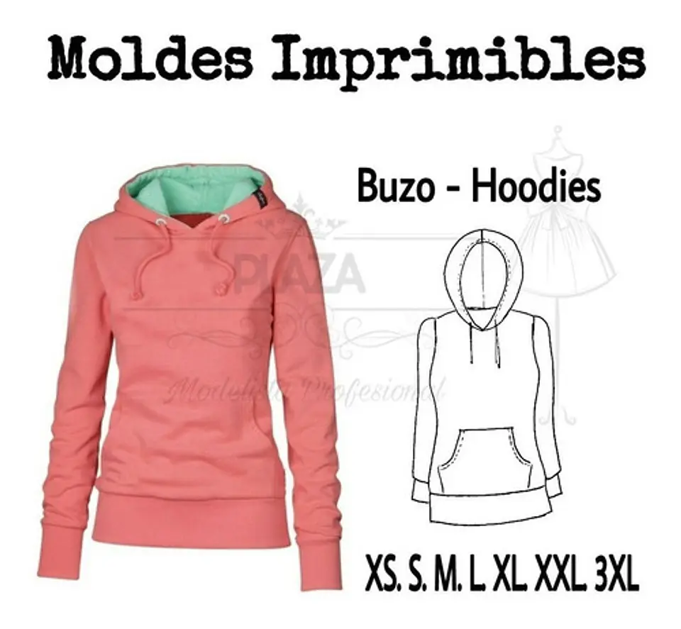 Moldes Patrones Imprimibles Polerón Hoodie Canguro  Xs Al 3xl 1