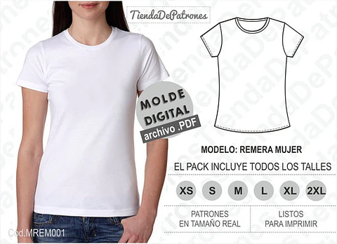 Molde Patron Imprimible Polera Basica Mujer Talles Xs Al 2xl