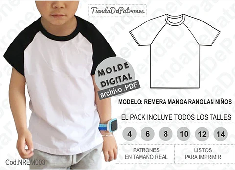 Moldes Patrones Polera Ranglan Niños Talles 4/6/8/10/12/14