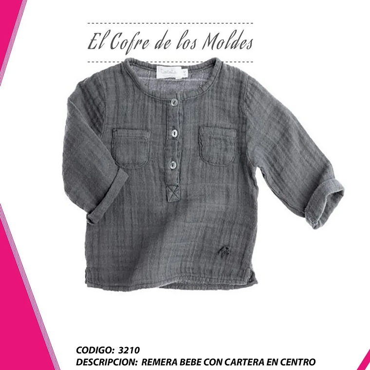 Molde Digital Remera Bebe Manga larga con abotonadura, Talles 6 A 8 1