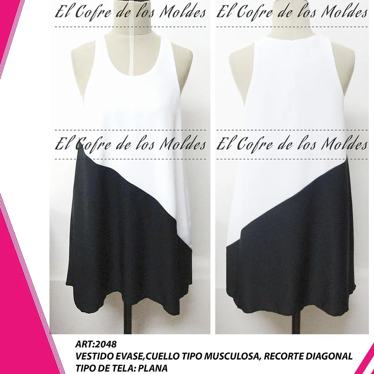 Molde Digital Vestido Evase Recorte Diagonal, Talles S A Xxl 1