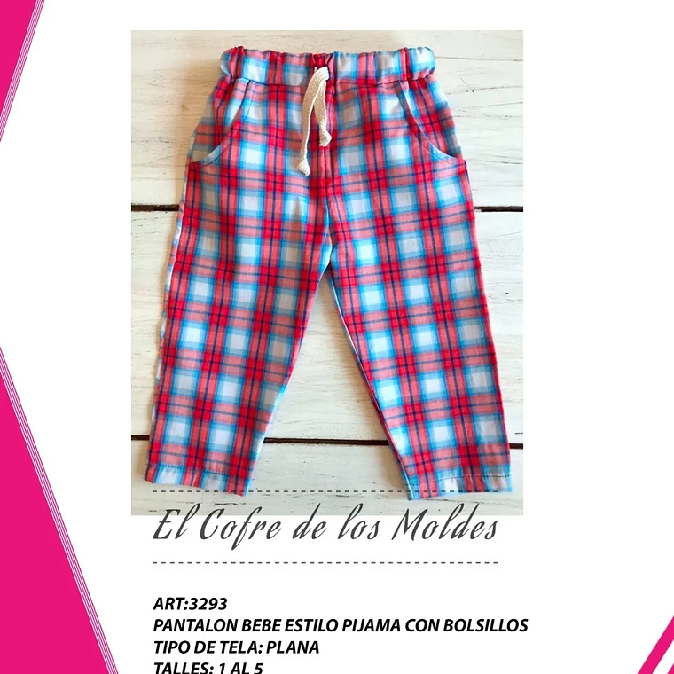 Molde Digital Pantalon Pijama Bebe Con bolsillo, Talles 1 Al 5 1