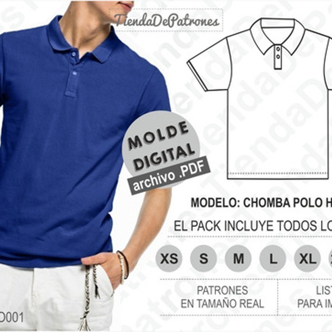 Molde Patron Imprimible Polera Polo Hombre Talles Del Xs Al 3xl 1