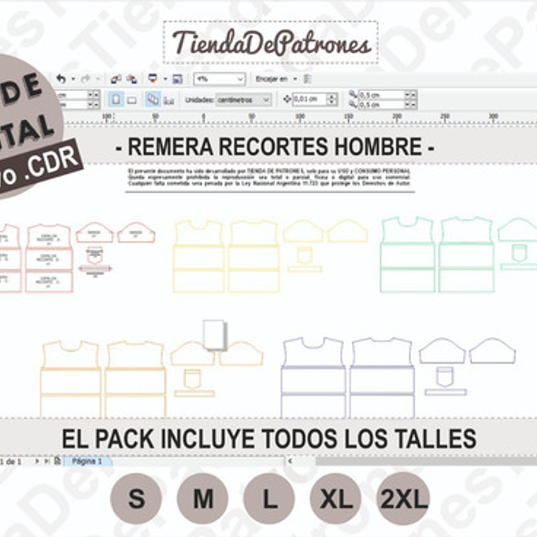 Molde Patrón Coreldraw Polera Recortes Hombre Del S Al 2xl 3