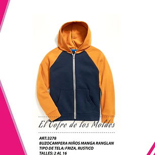 Molde Digital Chaqueta Manga Ranglan Niños, Talles 2 Al 16