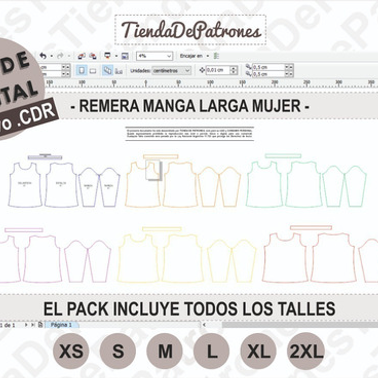 Molde Patron Coreldraw Polera Mujer Manga Larga Del Xs A 2xl 3