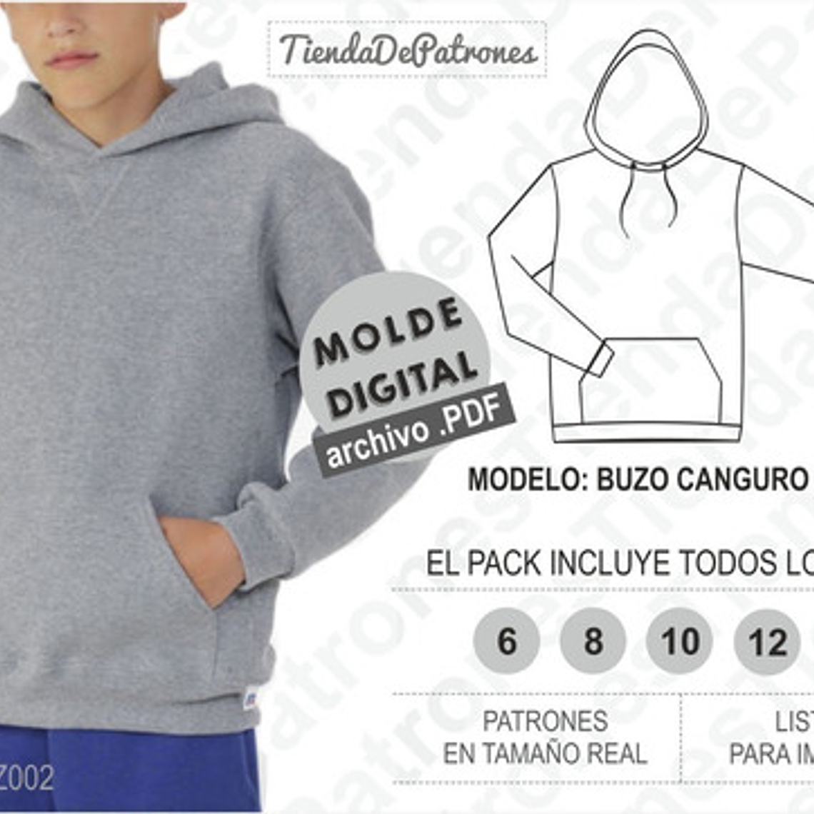 Molde Patron Imprimible Polerón Canguro Niños Talles Del 6 al 14 1