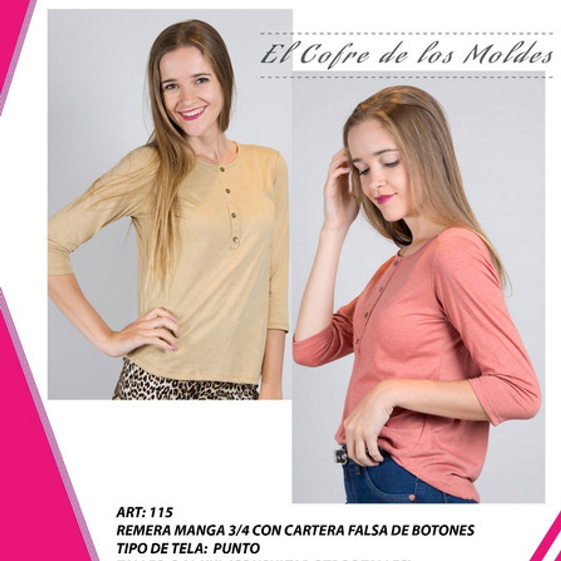 Molde Digital Polera Manga 3/4 Patron Pack Talles S A Xxl 1