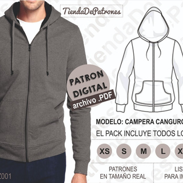 Molde Patrón Imprimible Polerón Canguro Hombre Del Xs Al 2xl 1