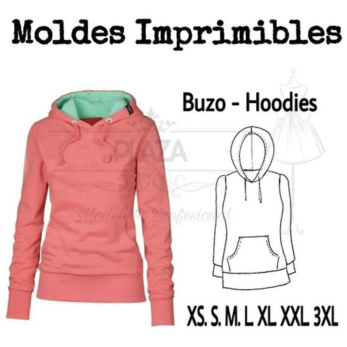 Moldes Patrones Imprimibles Polerón Hoodie Canguro  Xs Al 3xl 1