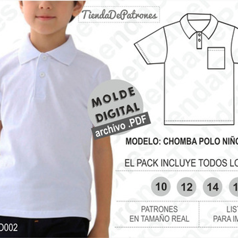 Molde Imprimible Polera Polo Niños Unisex Talles 10/12/14/16 1