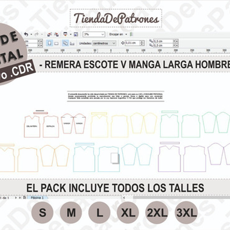 Molde Coreldraw Polera Hombre Manga Larga Escote V S Al 3xl 3