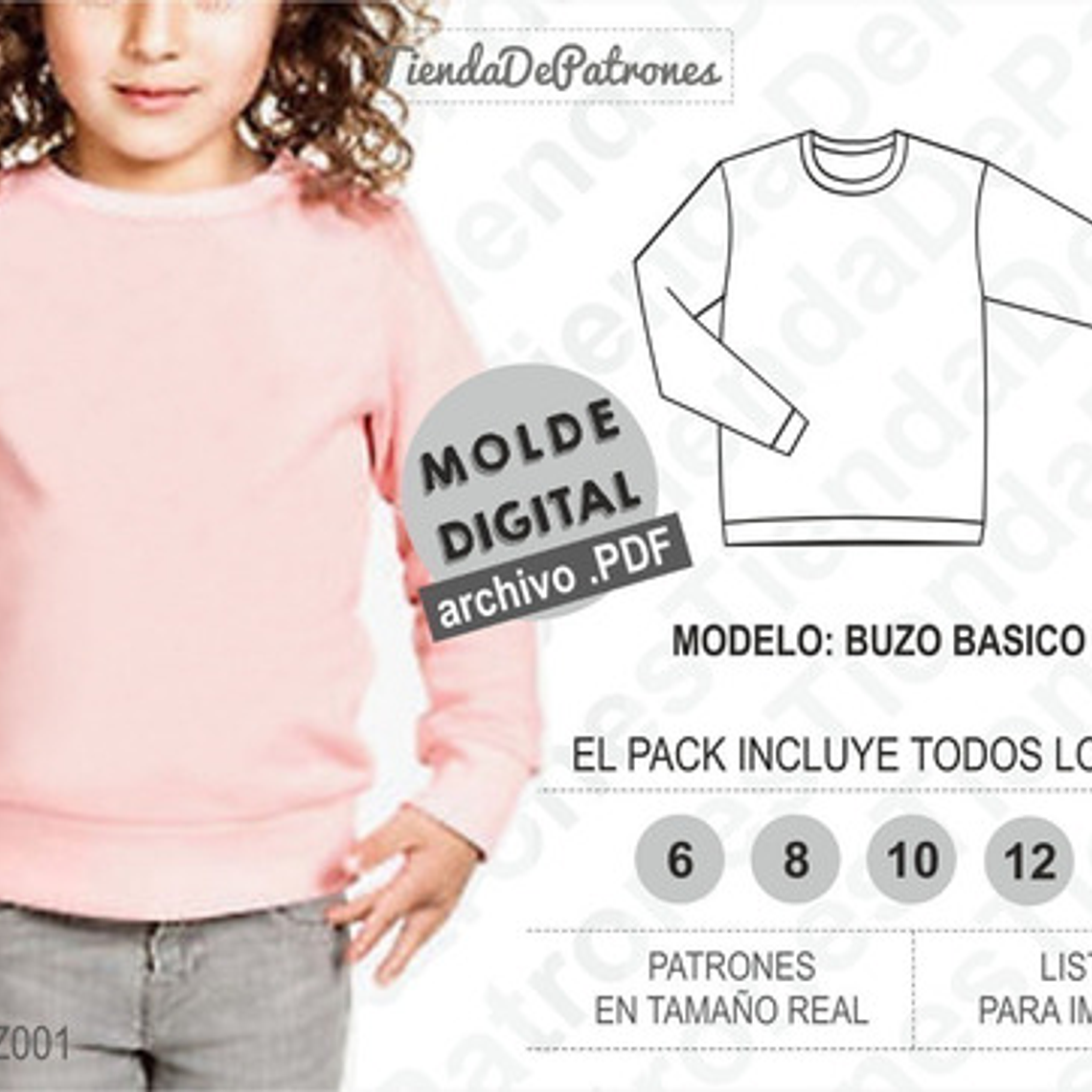 Molde Patron Imprimible Polerón Basico Niños Talles6/8/10/12/14 2