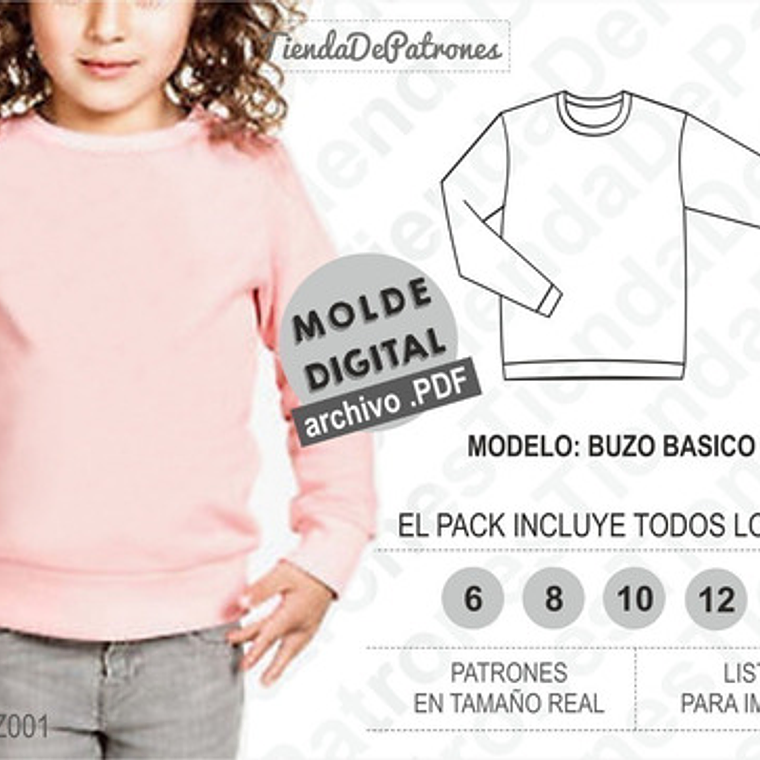 Molde Patron Imprimible Polerón Basico Niños Talles6/8/10/12/14 2