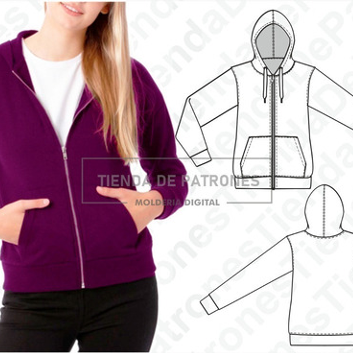 Molde Patron Imprimible Polerón Canguro Mujer Talles Xs Al Xl 1