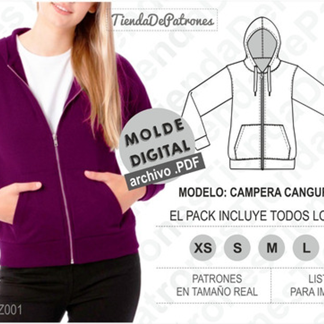 Molde Patron Imprimible Polerón Canguro Mujer Talles Xs Al Xl 2