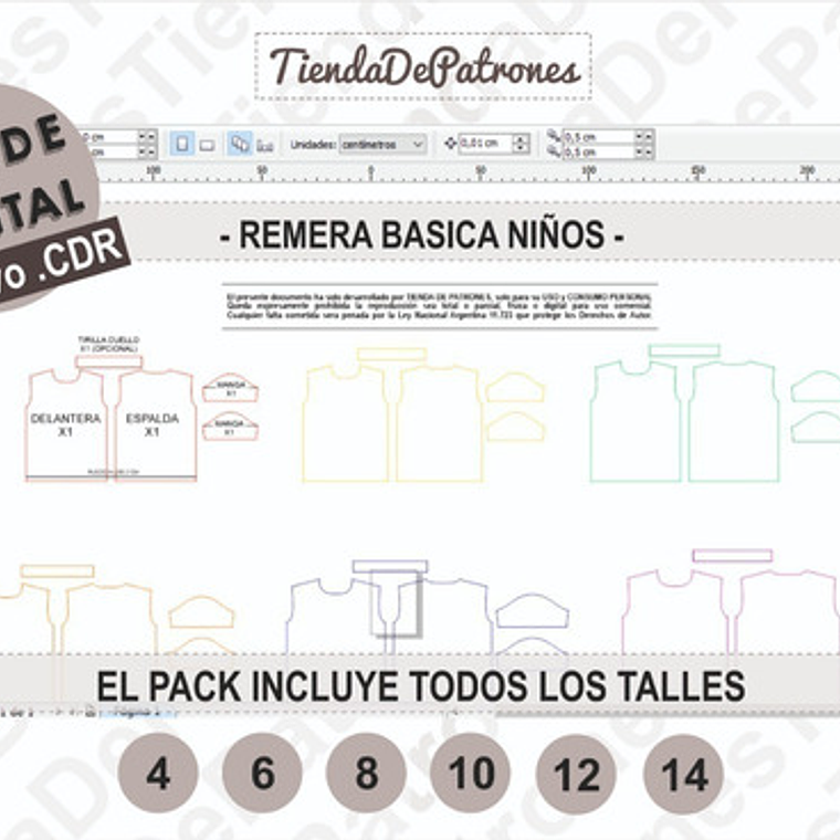 Molde Patron Coreldraw Polera Basica Niños Talles 4 Al 14 3