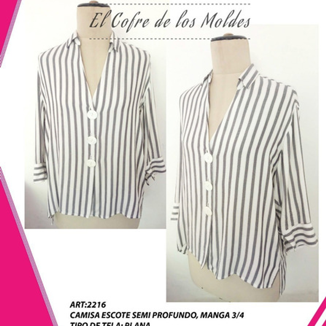Molde Digital Blusa Camisera Escote V, Manga 3/4 Pack 5 Talles! 1