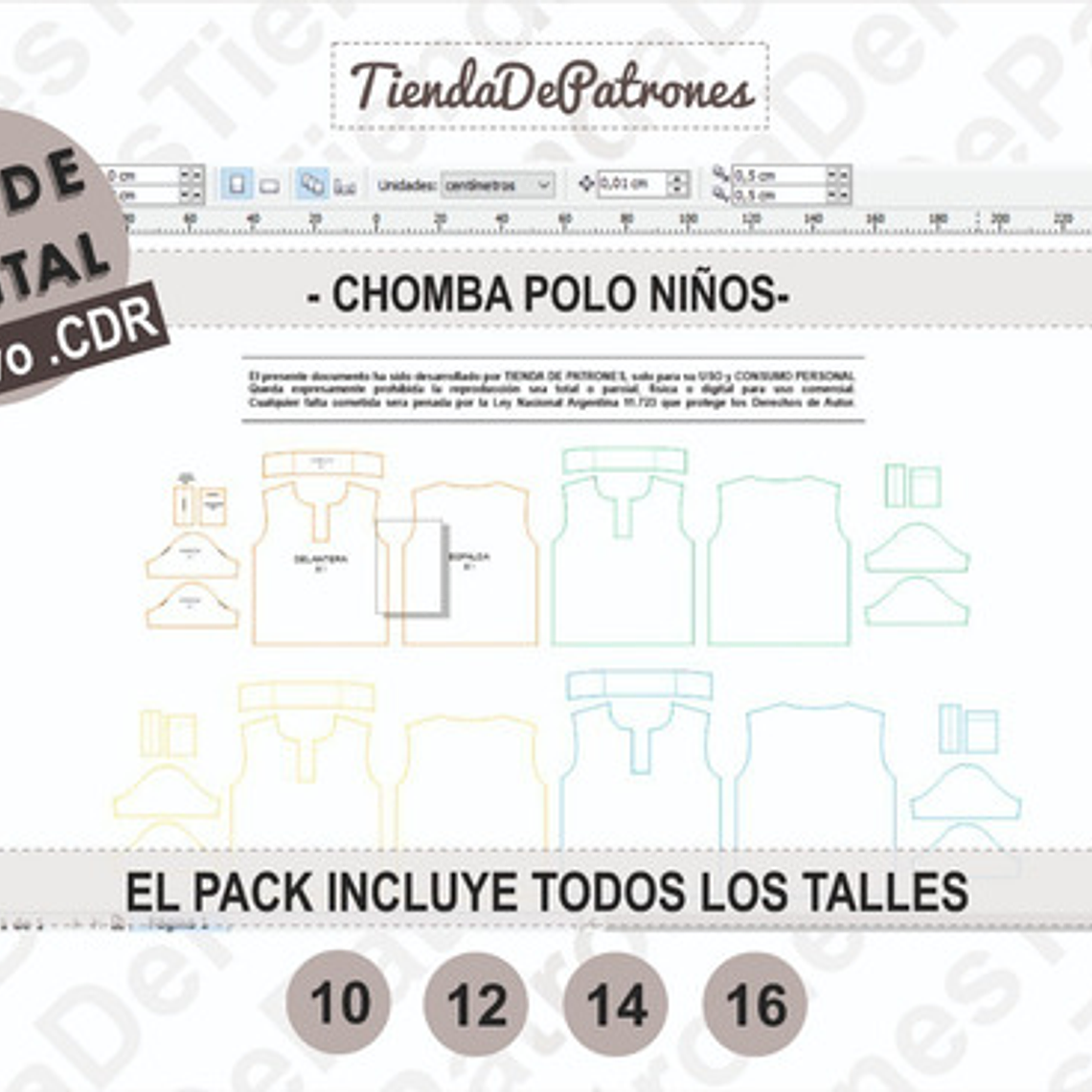 Molde Patron Coreldraw polera Polo Niños Talles Del 10 Al 16 3