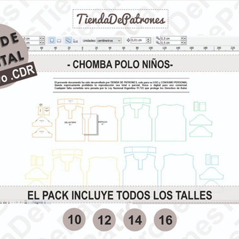 Molde Patron Coreldraw polera Polo Niños Talles Del 10 Al 16 3