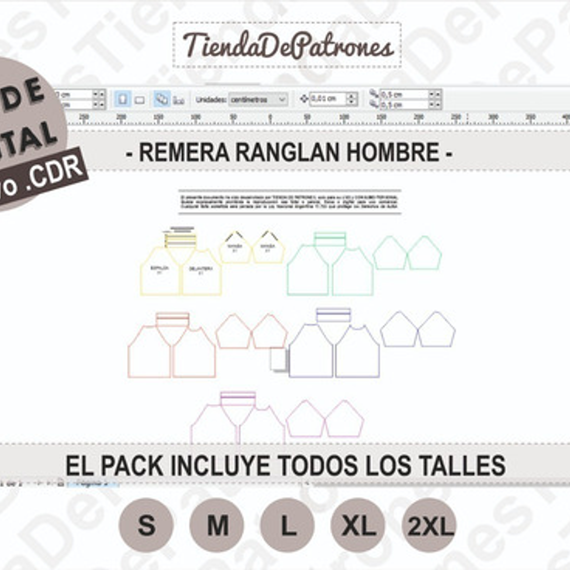 Molde Patrón Coreldraw Polera Ranglan Hombre Del S Al 2xl 3