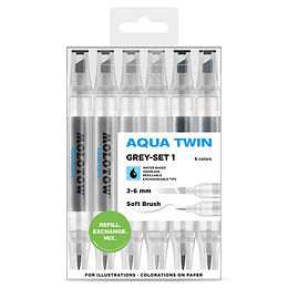 Pack 6 - Twin marker Aqua punta pincel 1 mm / punta biselada 2-6 mm Set grises 1