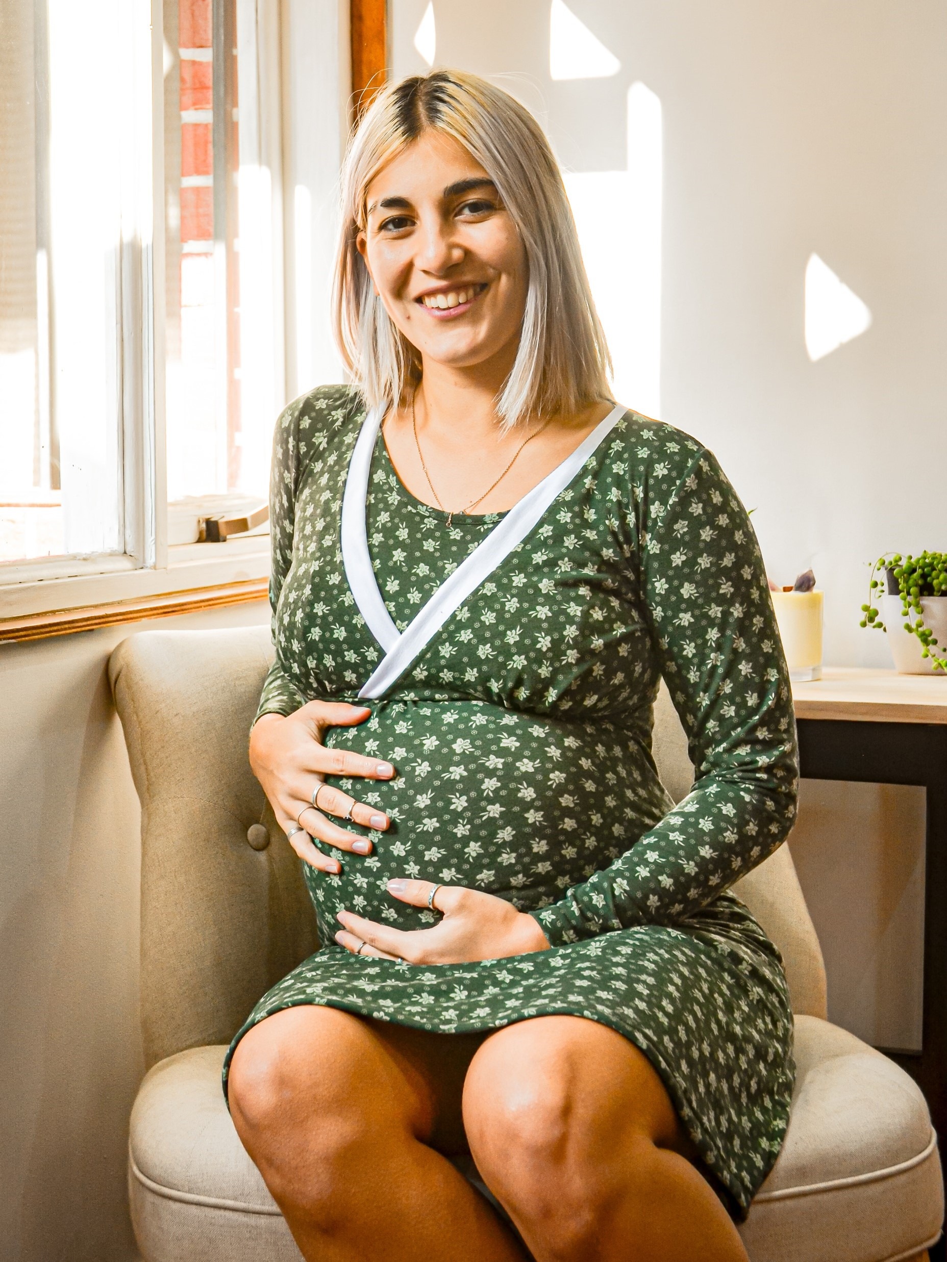 Camisa de Dormir Maternal y Lactancia Jazmin Verde Musgo