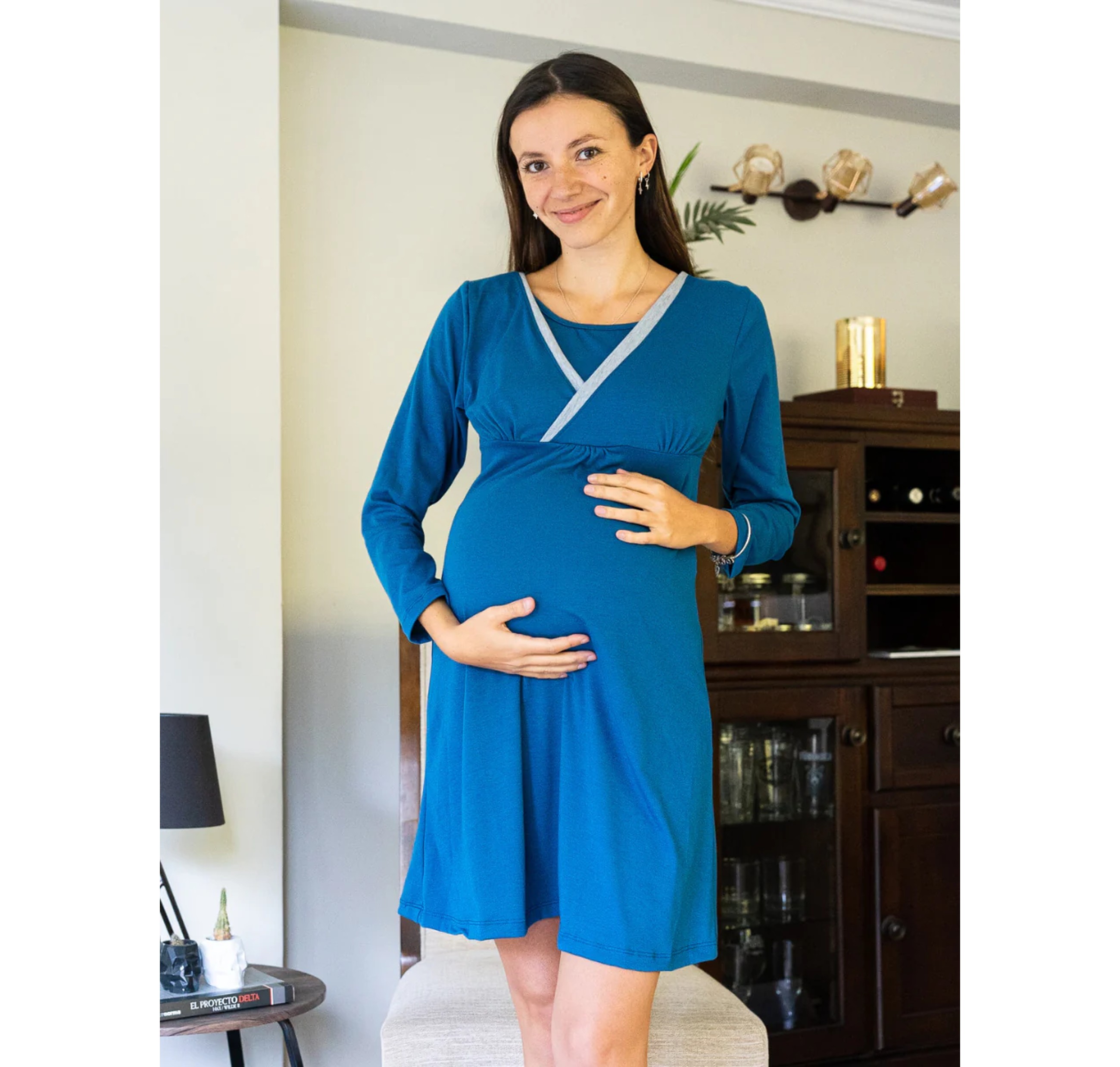 Camisa de Dormir Maternal y Lactancia Invierno Petróleo
