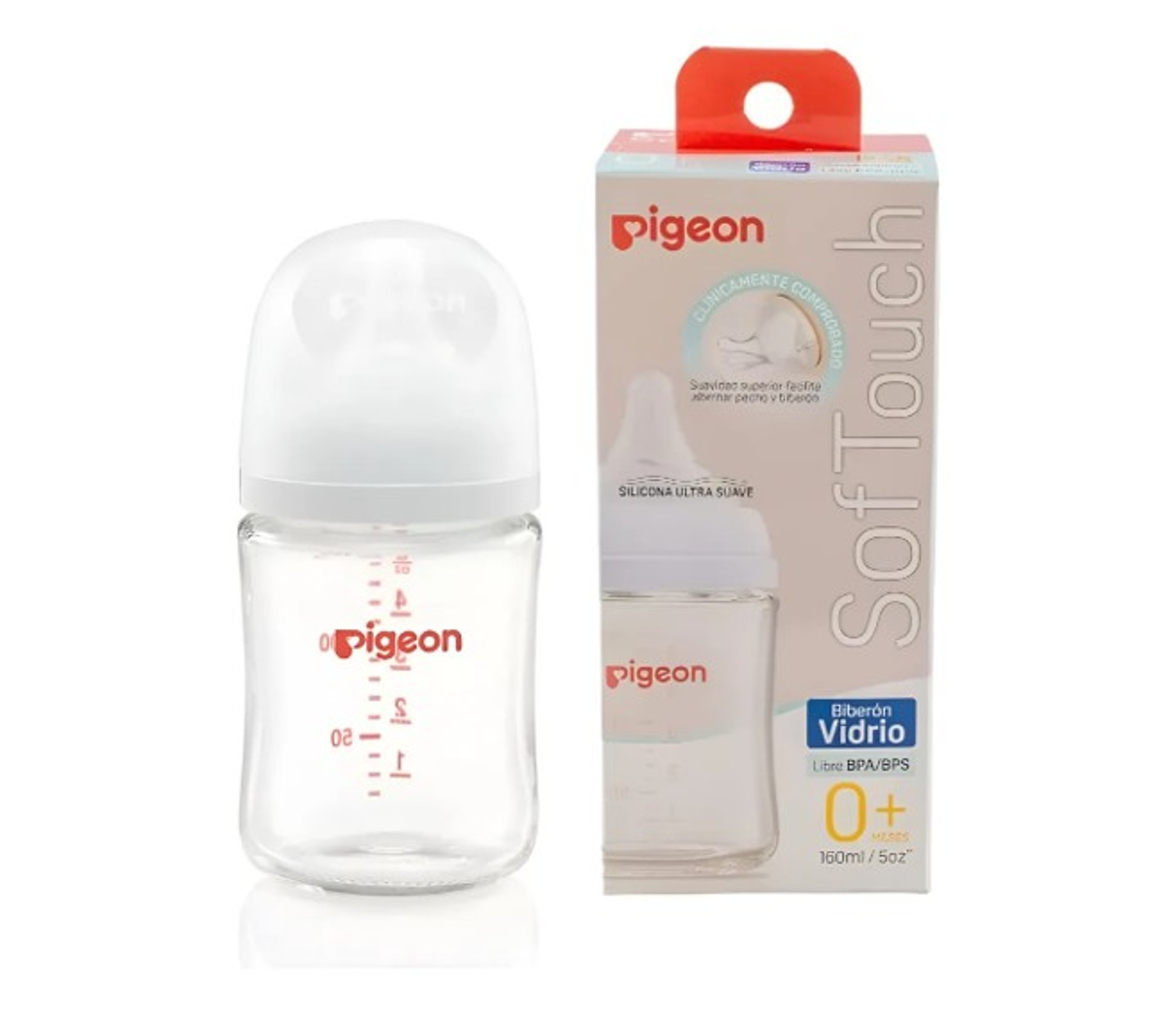 Biberón Pigeon Softouch Vidrio 160ml Anticólicos Flujo Lento Tetina Silicona 0-3 Meses