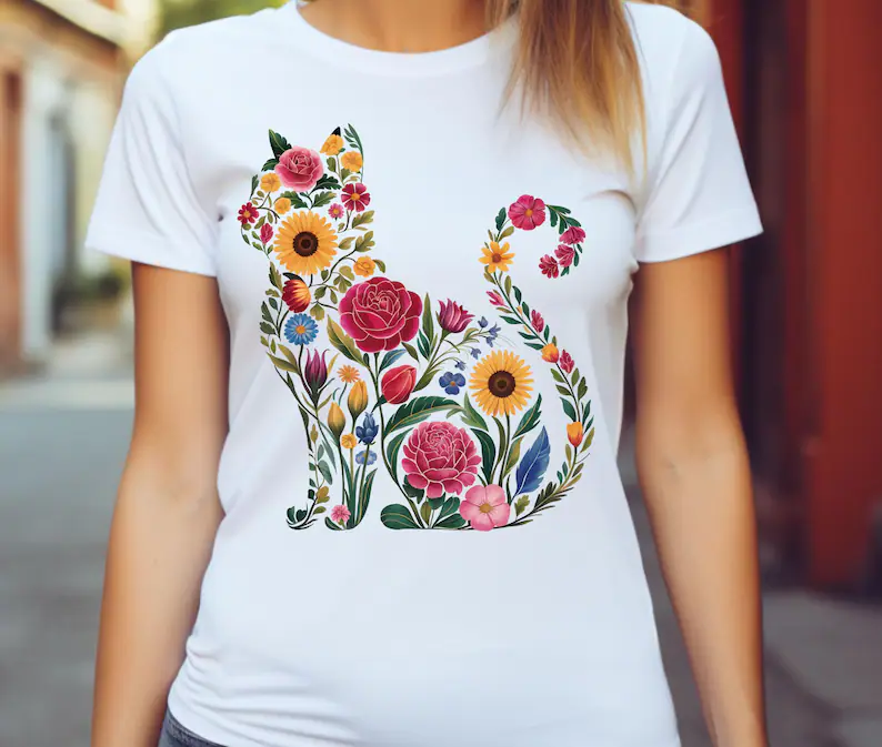 Polera Unisex Gato con flores 1