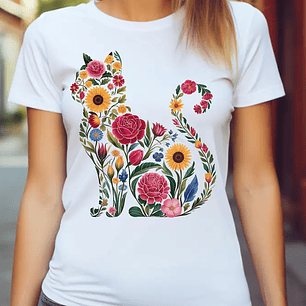 Polera Unisex Gato con flores