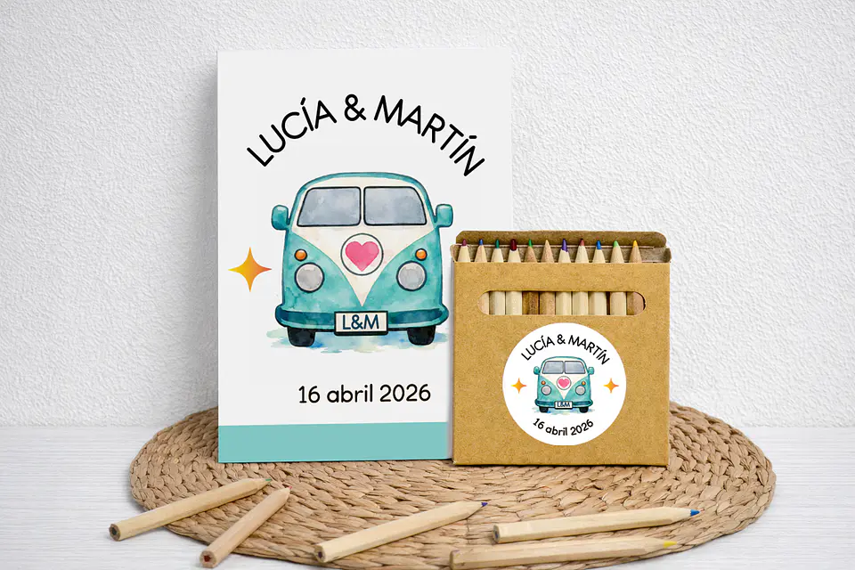 Cajita de lápices con librito para colorear para Bodas 1