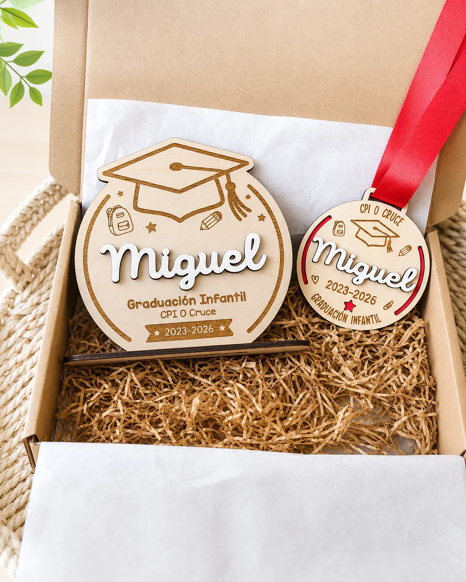 Pack graduación escolar personalizado – Medalla + Trofeo 🎓 1