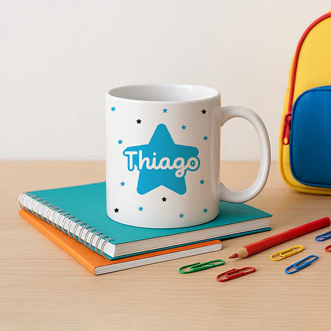 Taza de plástico personalizada con nombre y estrella para el cole