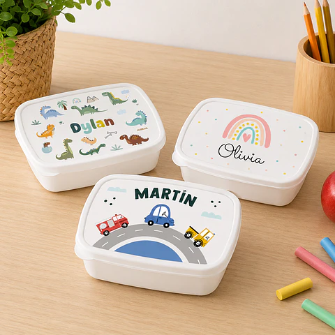Fiambrera personalizada con nombre y dibujo para el cole