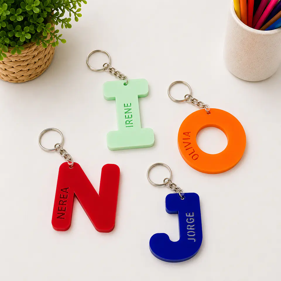 Llavero personalizable de metacrilato con Inicial y nombre perforado 3