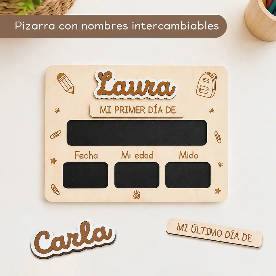 Pizarra mi primer día de cole - Nombre en madera blanca 3
