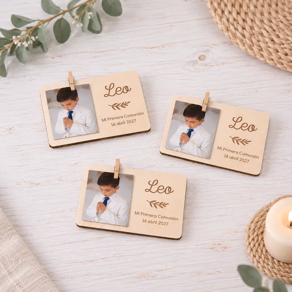 Mini portafotos de madera personalizado con imán y pinza 2