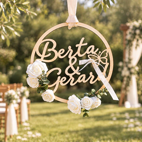 Aro de madera personalizado para boda con nombres