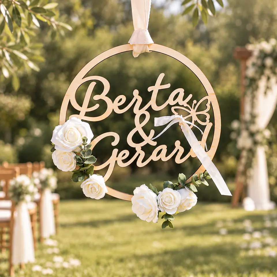 Aro de madera personalizado para boda con nombres 1