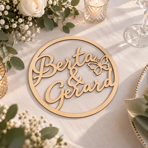 Aro de madera personalizado para boda con nombres